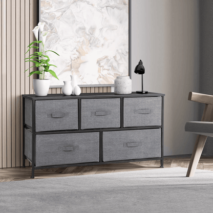 Fabric Dresser for Bedroom with Drawers, Dark Grey Wide Chest of Drawers Storage Unit with Metal Frame and Wooden Top