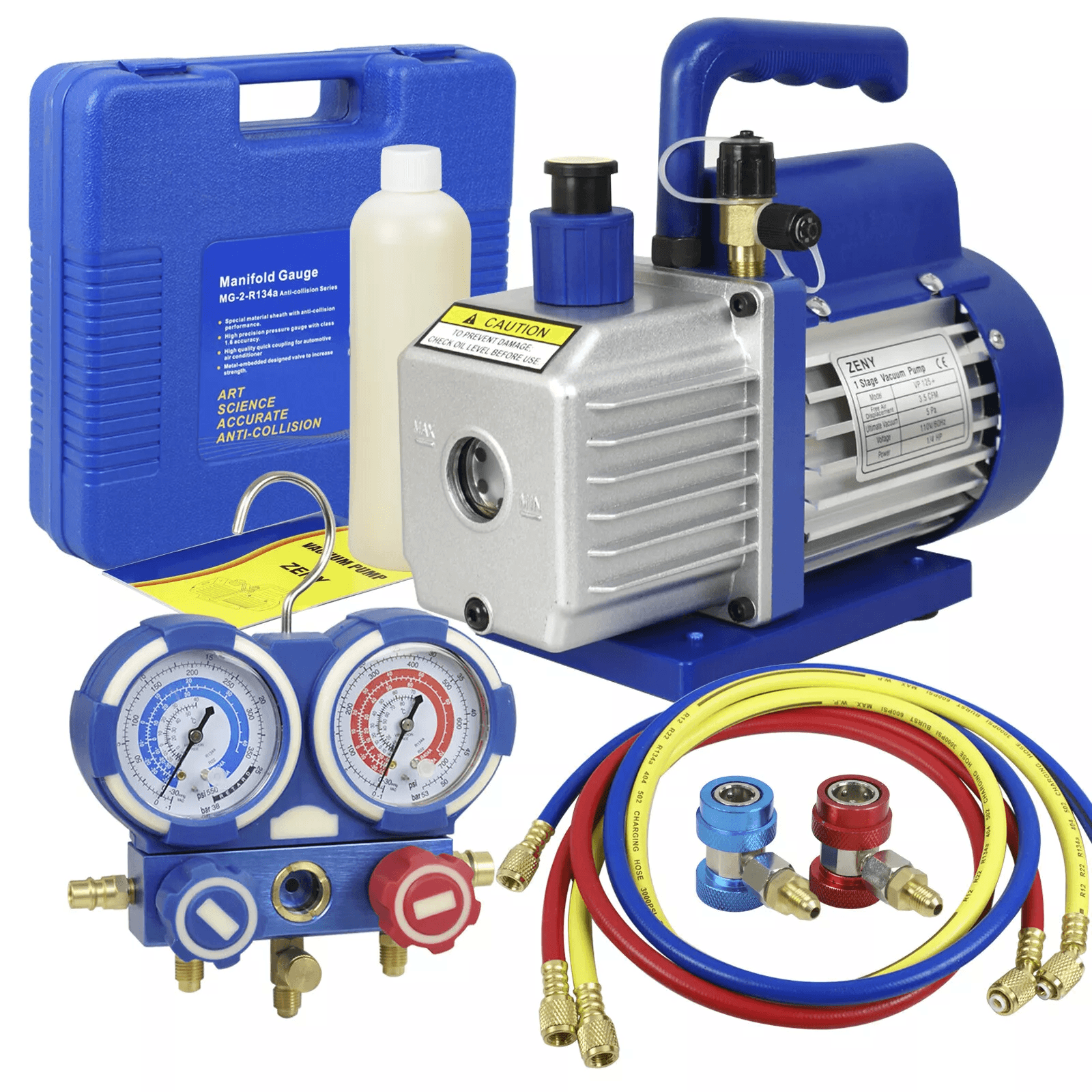 Single Stage Rotary Vane Air Vacuum Pump + AC Manifold Gauge Set, HVAC A/C Refrigeration Kit