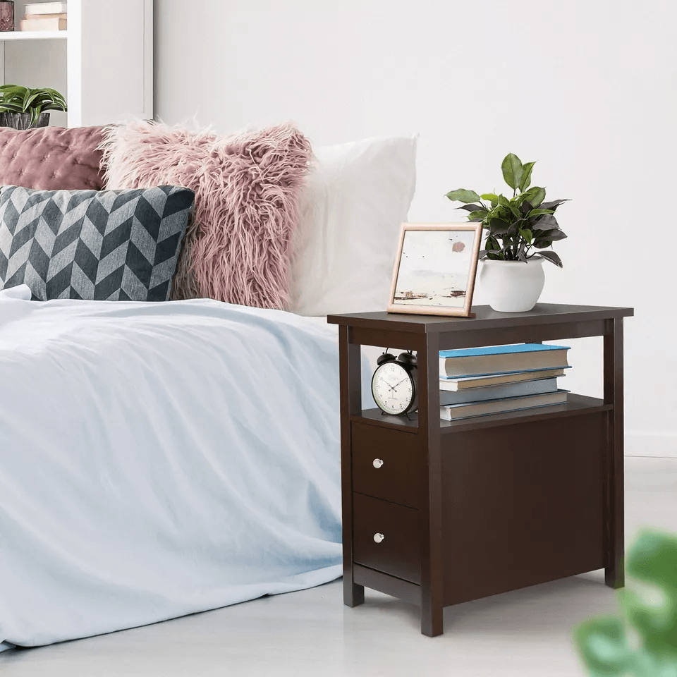 Narrow End Table With 2 Drawers  Open Shelf Slim Sofa Side Table For Living Room Bedroom Or Entrywa 1