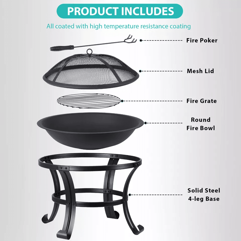 HeavyDuty Outdoor Wood Burning Fire Pit With Mesh Cover Ideal For Backyard BBQ Patio Heating Garden 7