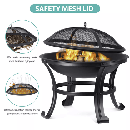 HeavyDuty Outdoor Wood Burning Fire Pit With Mesh Cover Ideal For Backyard BBQ Patio Heating Garden 8