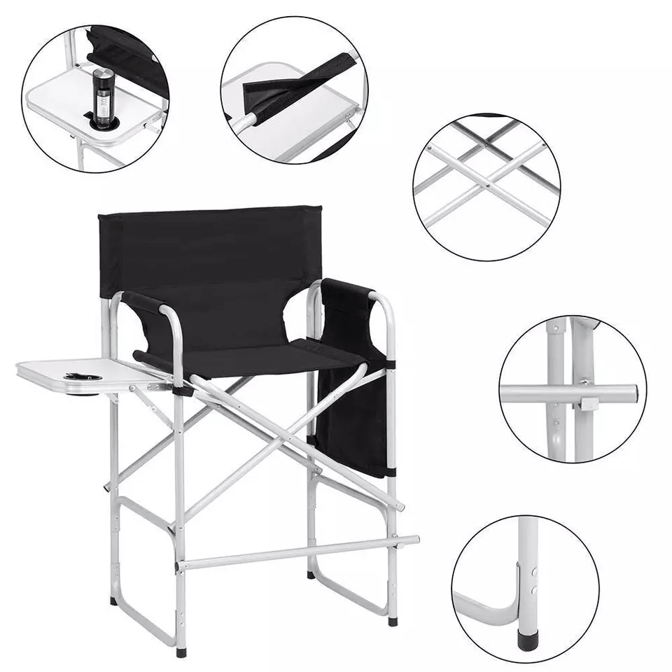 Tall Directors Chair Black Aluminum Folding Chair With Footrest  Cup Holder  Portable For Outdoor   2