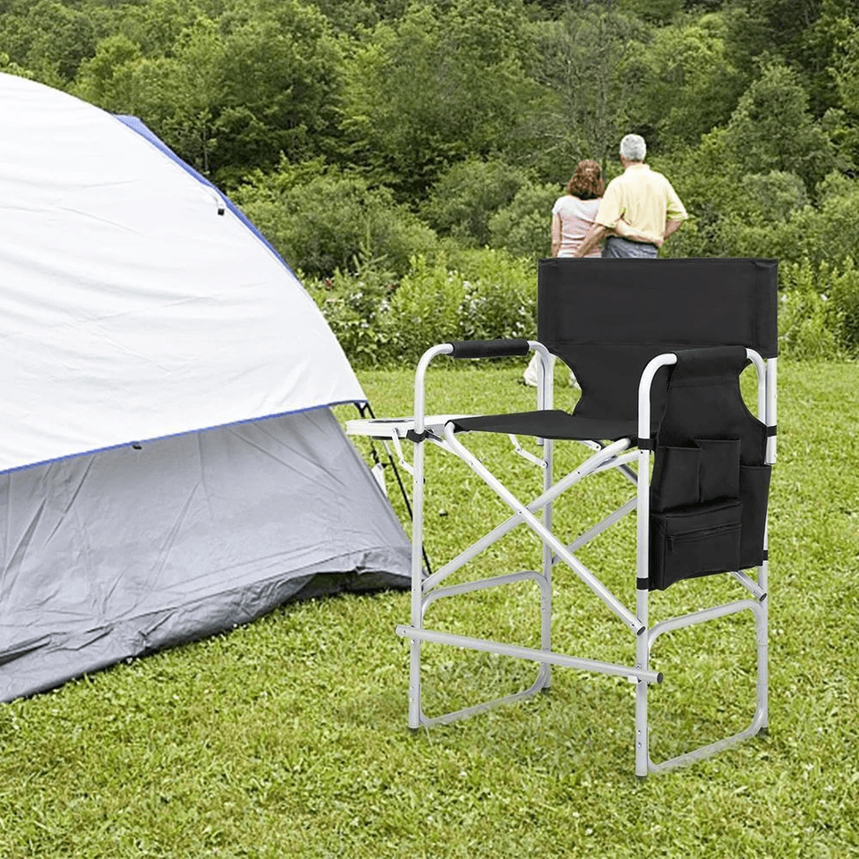 Tall Directors Chair Black Aluminum Folding Chair With Footrest  Cup Holder  Portable For Outdoor   1