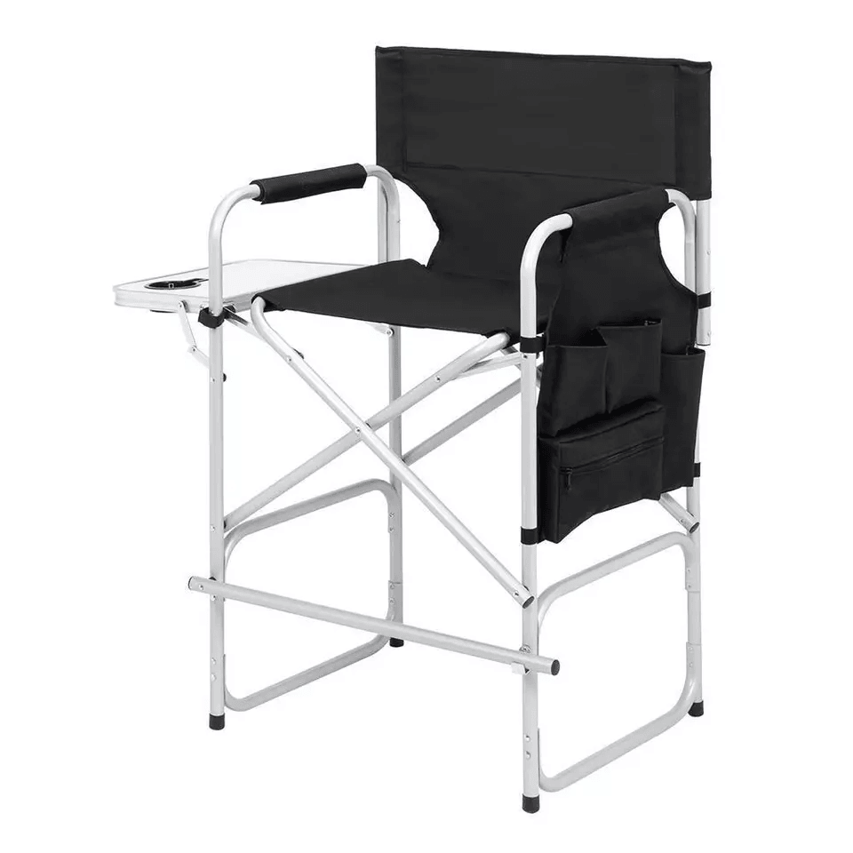 Tall Directors Chair Black Aluminum Folding Chair With Footrest  Cup Holder  Portable For Outdoor   3