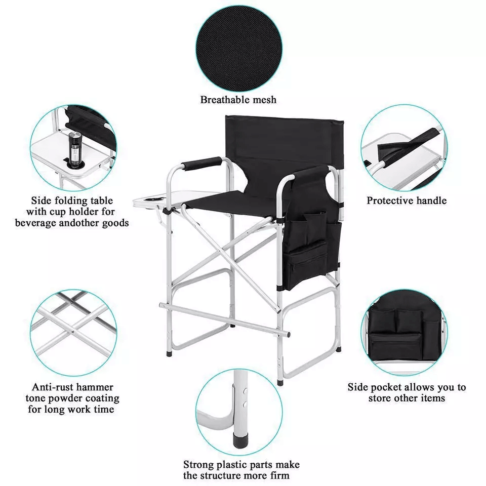 Tall Directors Chair Black Aluminum Folding Chair With Footrest  Cup Holder  Portable For Outdoor   4