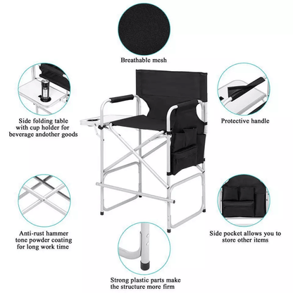 Tall Directors Chair Black Aluminum Folding Chair With Footrest  Cup Holder  Portable For Outdoor   4