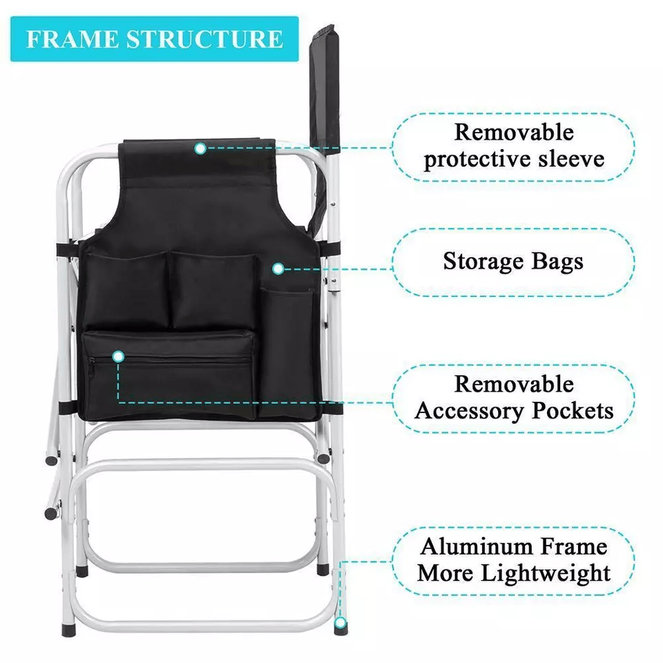 Tall Directors Chair Black Aluminum Folding Chair With Footrest  Cup Holder  Portable For Outdoor   5