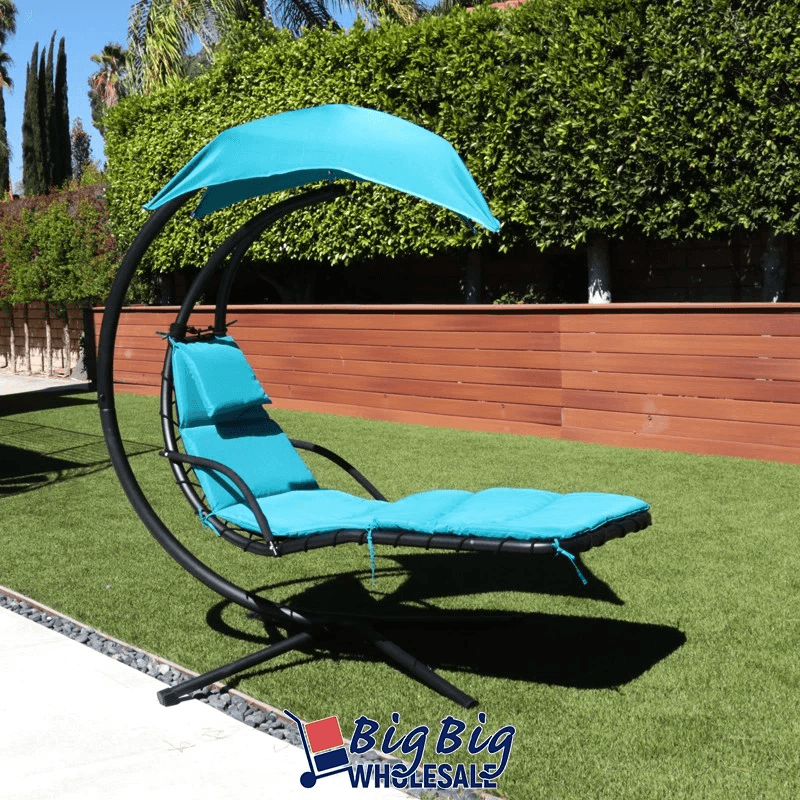 Patio Hanging Chaise Swing Lounge Chair with Cushion, Blue Outdoor Canopy, Arc Stand Hammock Lounger