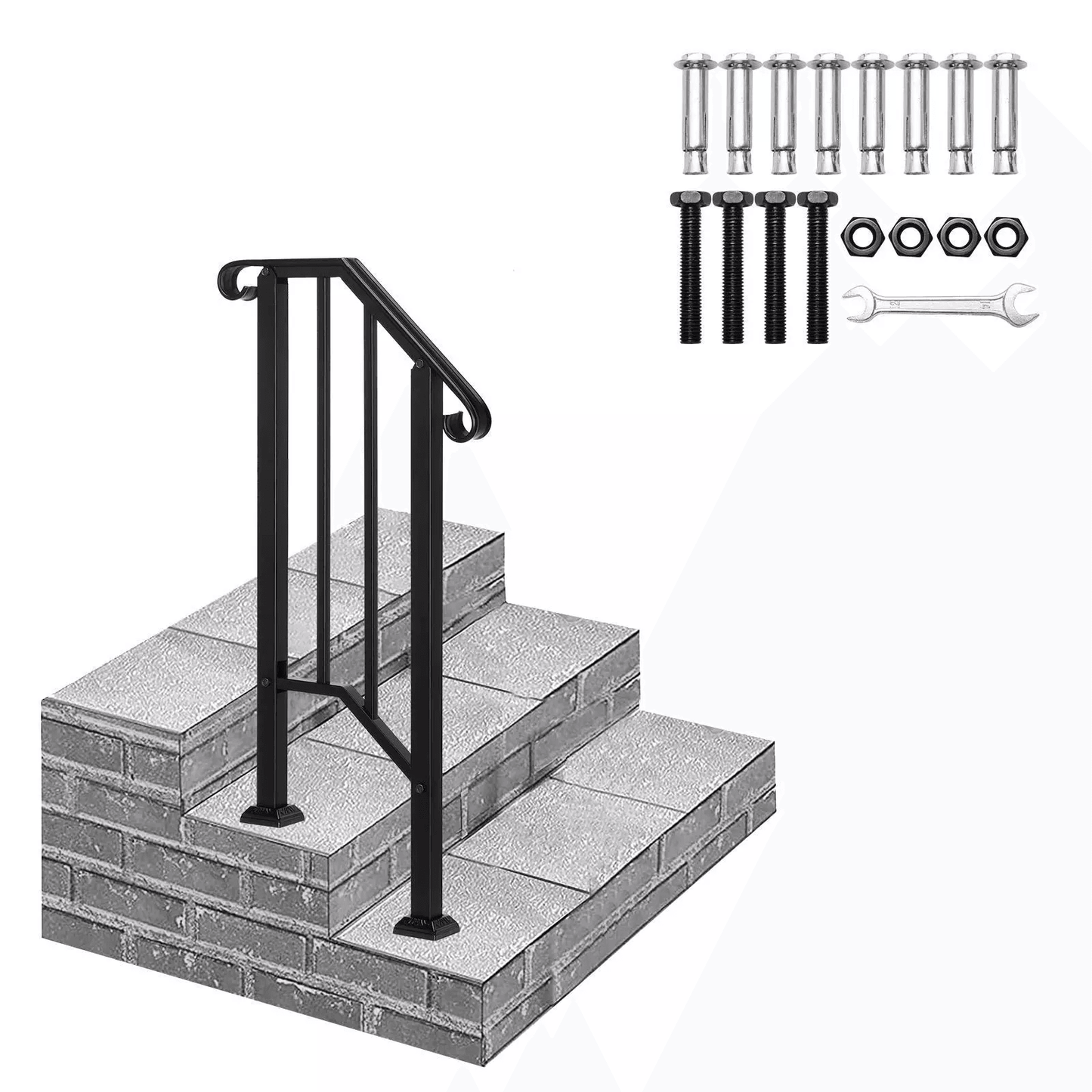 Iron Step Handrail Stair Railing for 1-2 Steps – Outdoor Deck Hand Rail, Wrought Iron Safety Support