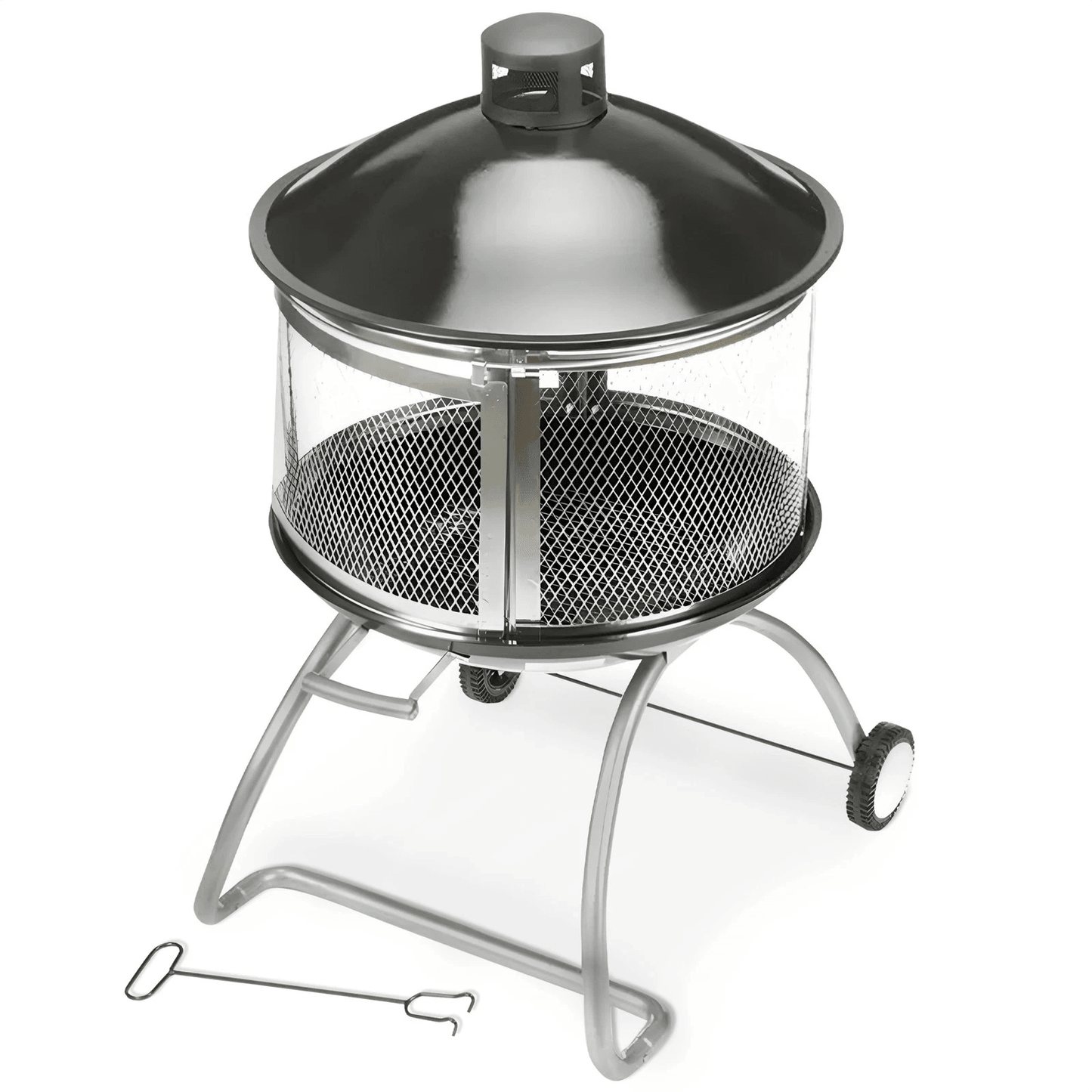 Four Seasons Courtyard Portable Fire Pit with Sliding Door Design, Outdoor BBQ Grill with Screen, Handle & Wheels