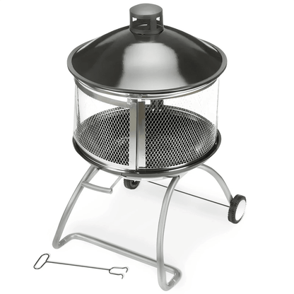 Four Seasons Courtyard Portable Fire Pit with Sliding Door Design, Outdoor BBQ Grill with Screen, Handle & Wheels