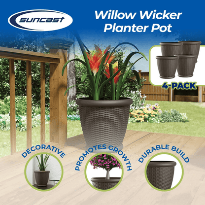 Suncast Willow 18 Decorative Wicker Patio Planter Pots Indoor Outdoor Resin Flower Containers 2