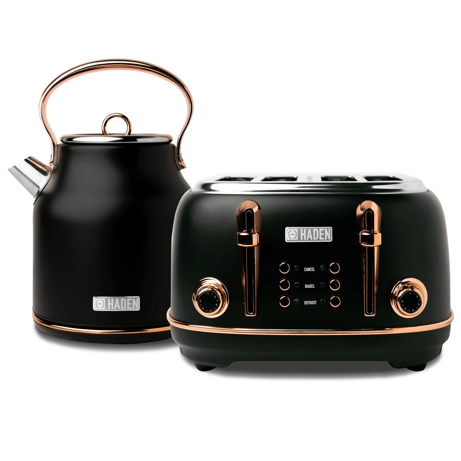 Haden Heritage Black & Copper Slice Toaster & Electric Kettle, Vintage-Inspired Stainless Steel Breakfast Set