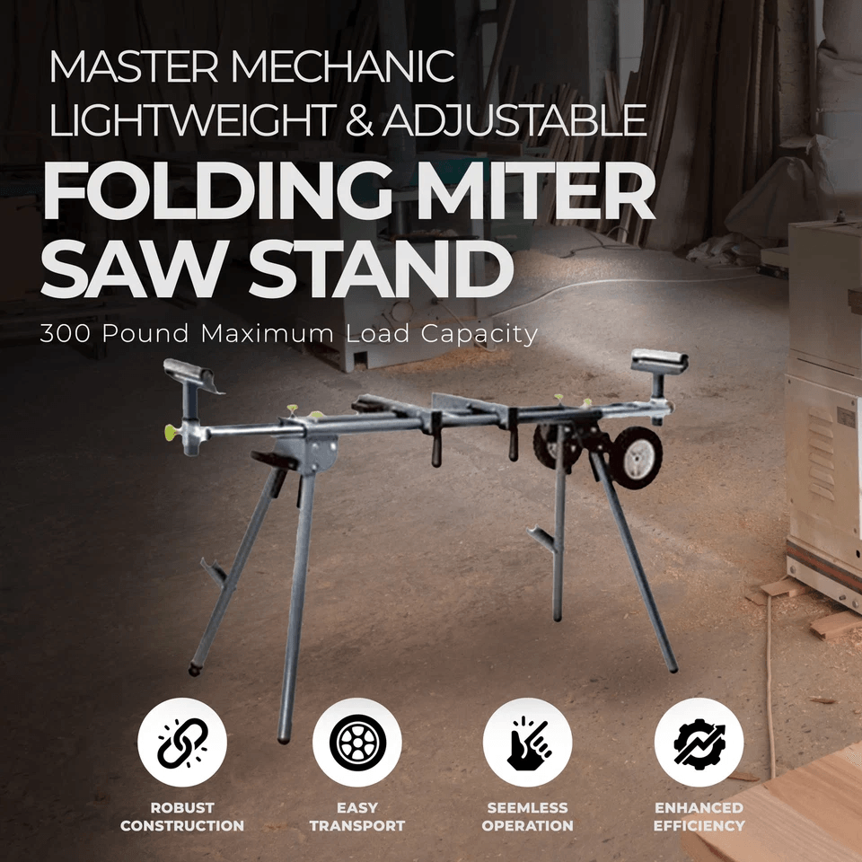 Master Mechanic Lightweight Adjustable Folding Miter Saw Stand WWheels Black Universal Fit Capacity 4