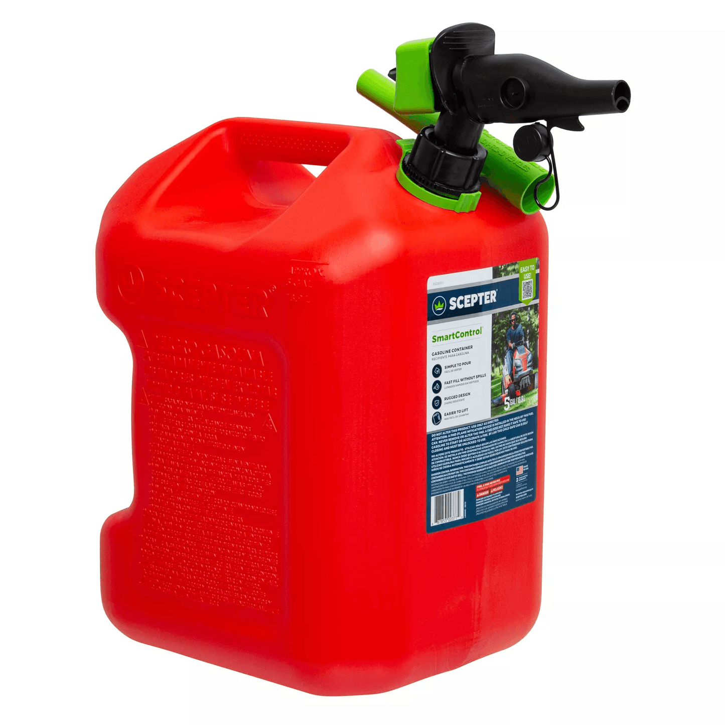 Scepter Smart Control 5 Gallon Gasoline Can Jug with Dual Handles Capless Funnel Spill-Proof Fuel Container for lawn