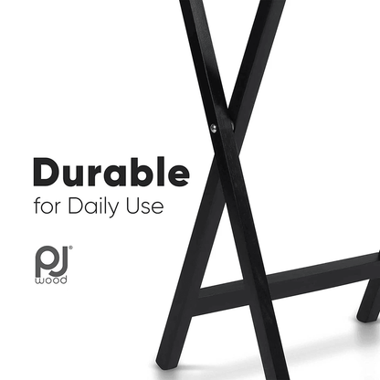 Black PJ Wood Folding TV Tray Tables With Storage Rack Wooden Set For Snacks Workstation Laptop Des 3