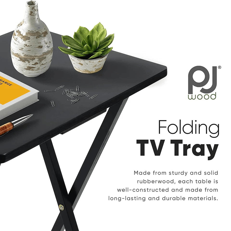 Black PJ Wood Folding TV Tray Tables With Storage Rack Wooden Set For Snacks Workstation Laptop Des 1
