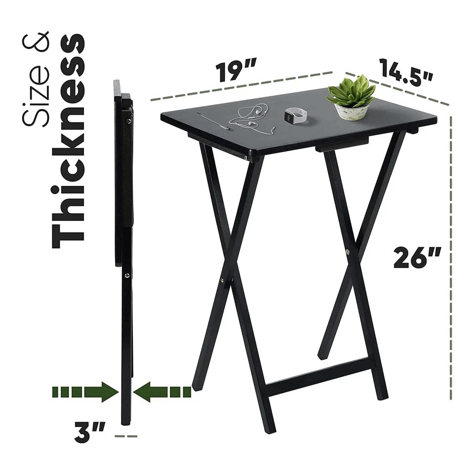 Black PJ Wood Folding TV Tray Tables With Storage Rack Wooden Set For Snacks Workstation Laptop Des 4