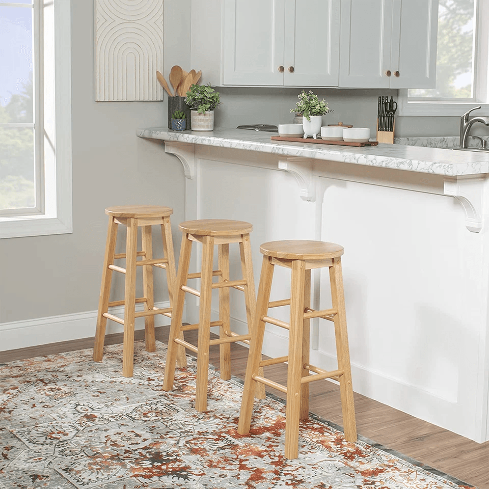PJ Wood Classic Round Seat 29 Tall Kitchen Counter Stools Natural Wood Backless Bar Chairs Set Of 6 1