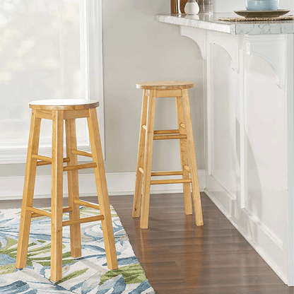 PJ Wood Classic Round Seat 29 Tall Kitchen Counter Stools Natural Wood Backless Bar Chairs Set Of 6 2