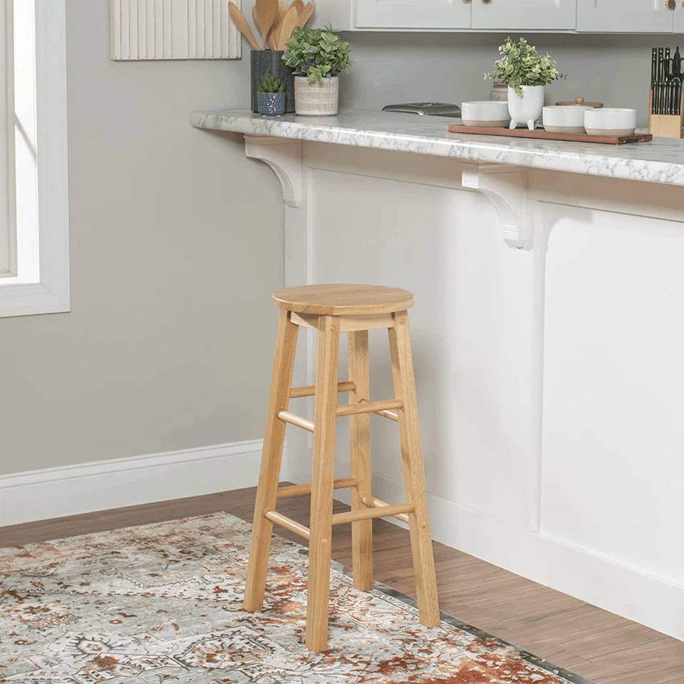 PJ Wood Classic Round Seat 29 Tall Kitchen Counter Stools Natural Wood Backless Bar Chairs Set Of 6 3