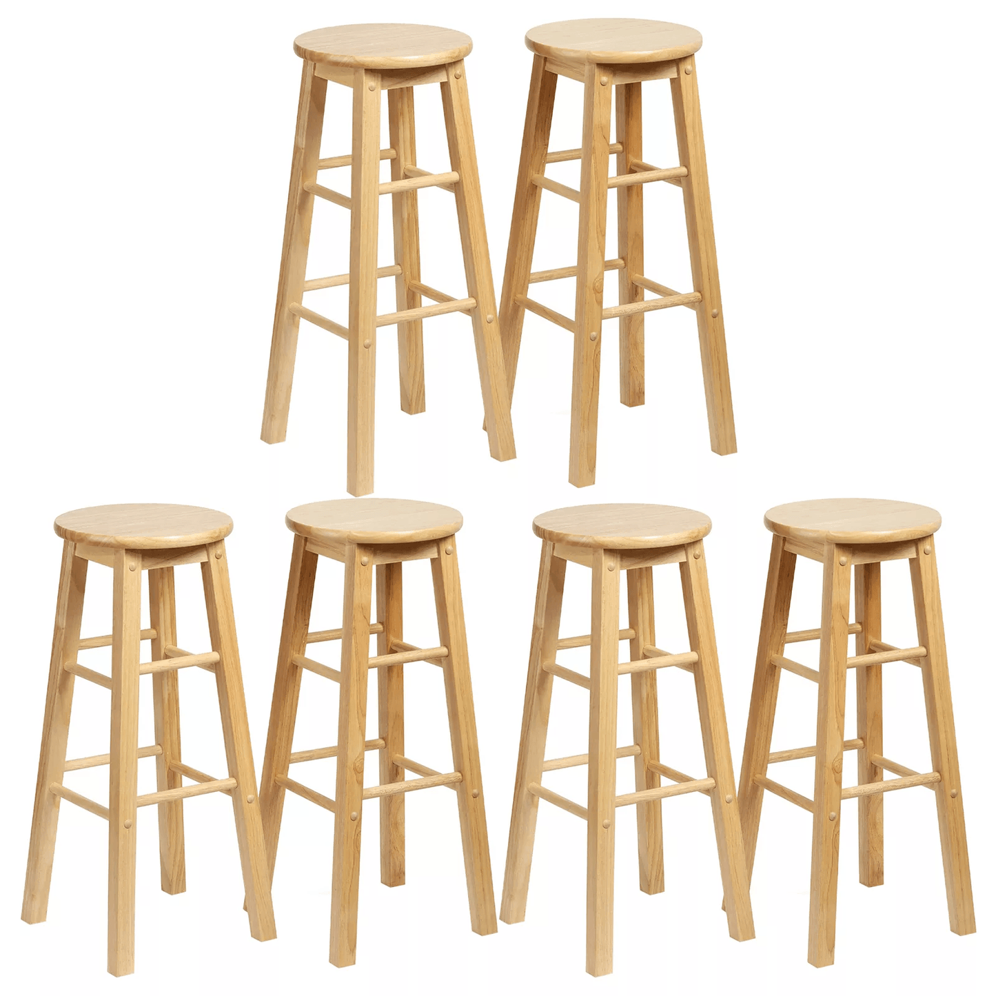 PJ Wood Classic Round Seat 29" Tall Kitchen Counter Stools, Natural Wood, Backless Bar Chairs, Set of 6