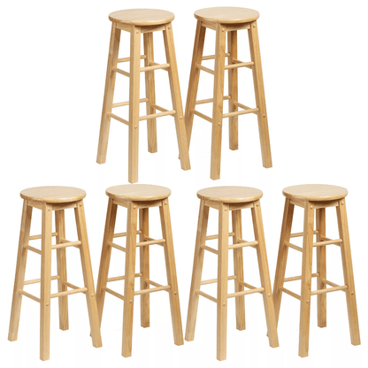 PJ Wood Classic Round Seat 29" Tall Kitchen Counter Stools, Natural Wood, Backless Bar Chairs, Set of 6
