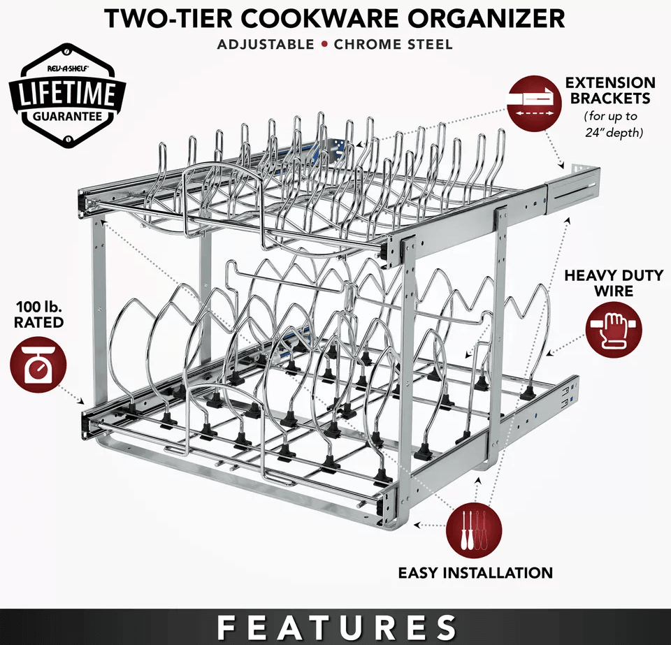Chrome RevAShelf Pullout Cabinet Organizer For Pots And Pans Sliding Rack With Adjustable Dividers  4