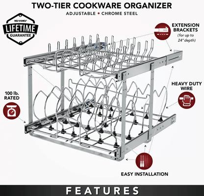 Chrome RevAShelf Pullout Cabinet Organizer For Pots And Pans Sliding Rack With Adjustable Dividers  4
