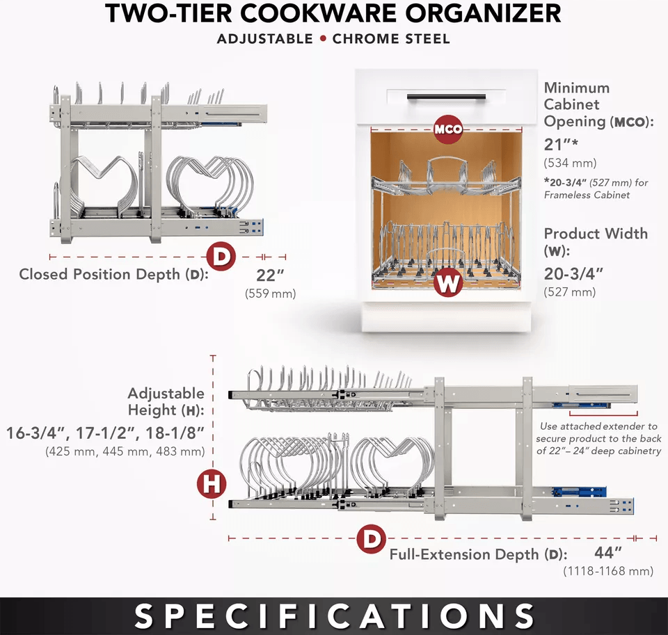 Chrome RevAShelf Pullout Cabinet Organizer For Pots And Pans Sliding Rack With Adjustable Dividers  6