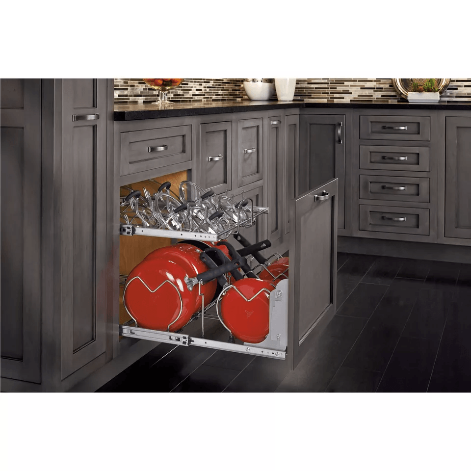 Chrome RevAShelf Pullout Cabinet Organizer For Pots And Pans Sliding Rack With Adjustable Dividers  1
