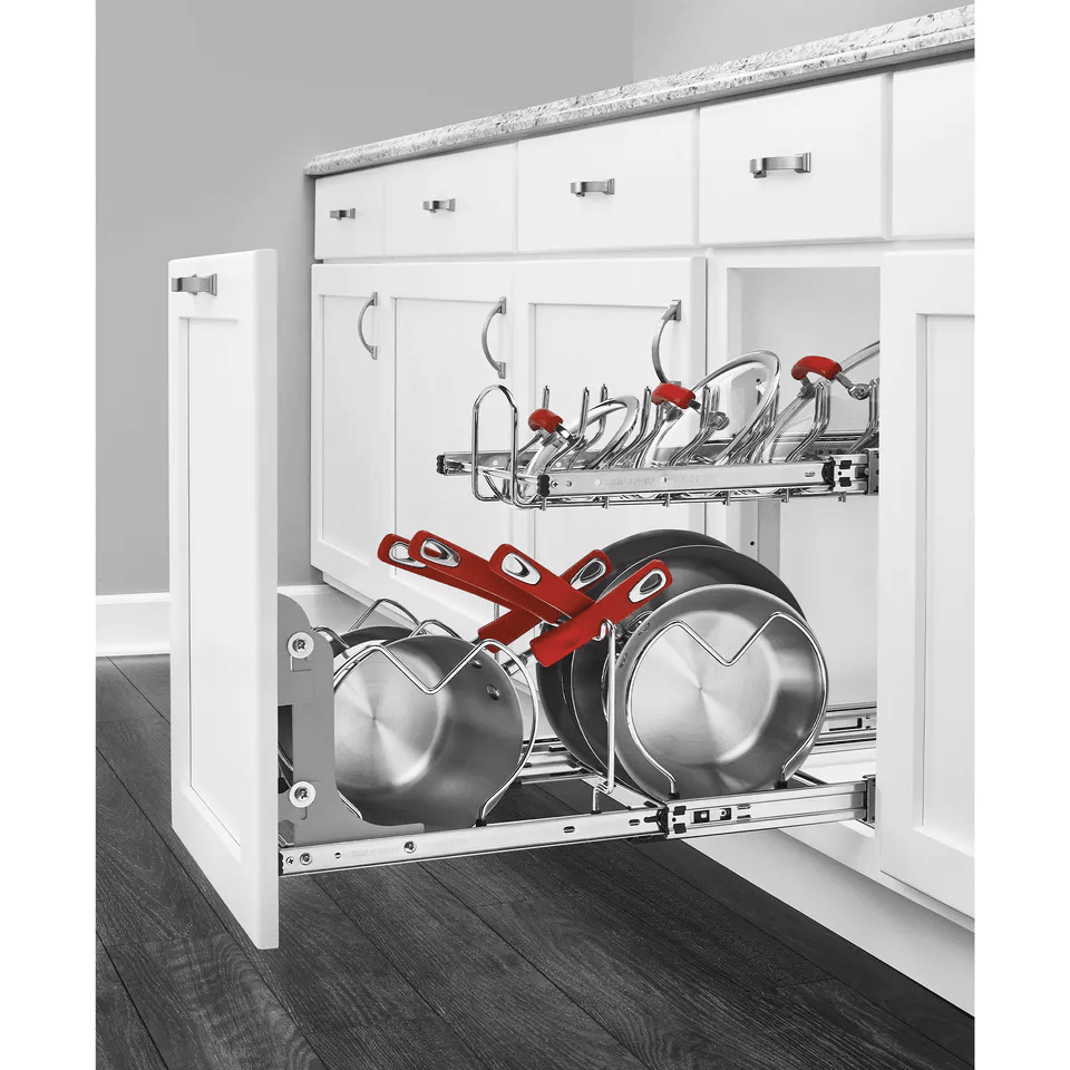 Chrome RevAShelf Pullout Cabinet Organizer For Pots And Pans Sliding Rack With Adjustable Dividers  2