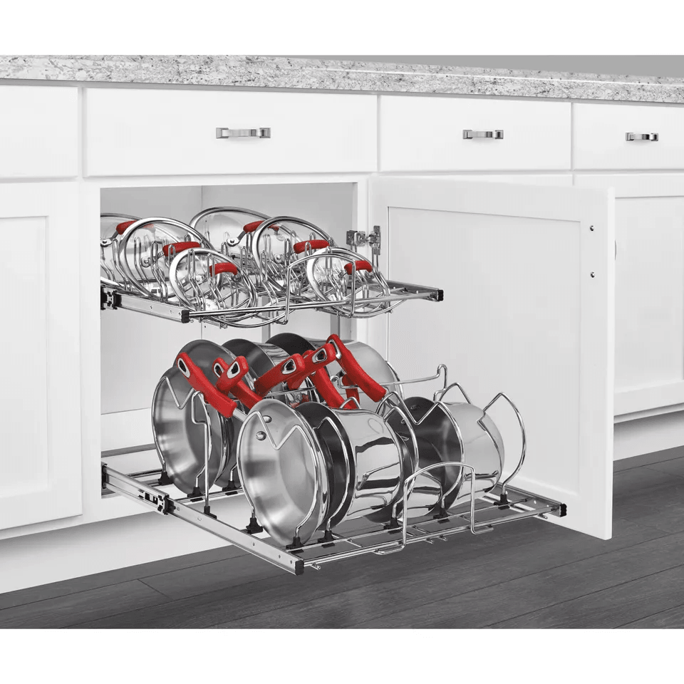 Chrome RevAShelf Pullout Cabinet Organizer For Pots And Pans Sliding Rack With Adjustable Dividers  3