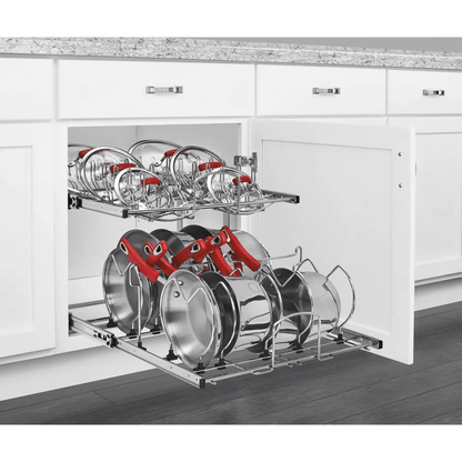 Chrome RevAShelf Pullout Cabinet Organizer For Pots And Pans Sliding Rack With Adjustable Dividers  3