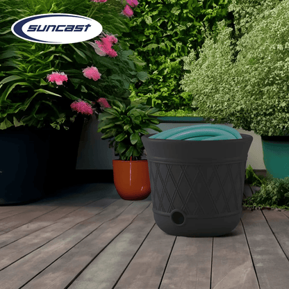 Suncast Gray Resin Decorative Garden Hose Storage Pot, Outdoor Hideaway Hose Holder with Drainage Holes
