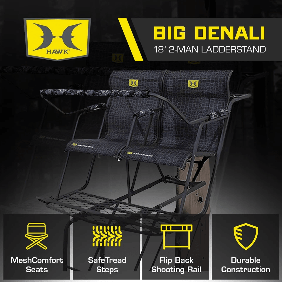 Hawk Big Denali 2-Man Climbing Tree Stand Durable Steel Deer Hunting Ladderstand with MeshComfort Seats, Safe