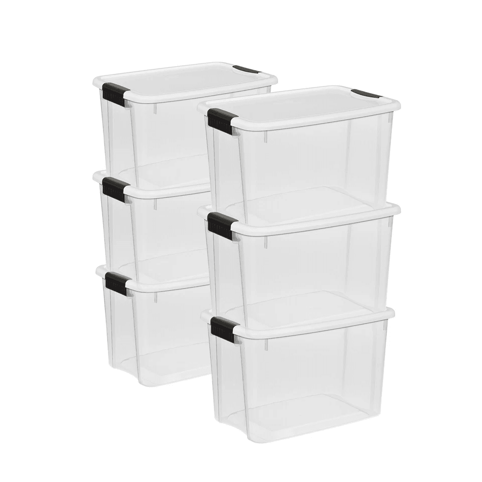 Sterilite 30 Clear Plastic Stackable Storage Bin Latch Lid, White (Durable Home & Garage Organization Totes