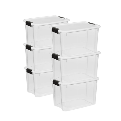 Sterilite 30 Clear Plastic Stackable Storage Bin Latch Lid, White (Durable Home & Garage Organization Totes