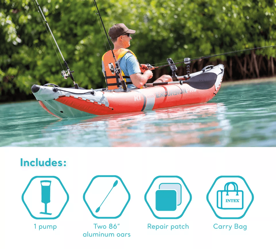 Intex Excursion Pro Inflatable Kayak Fishing Kayak With Oars Pump  Rod Holders Portable Vinyl Boat  1