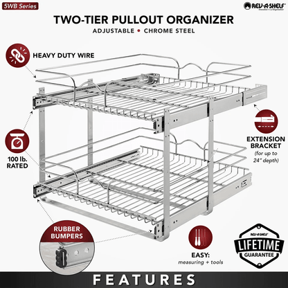 RevAShelf 5WB22122CR1 2Tier PullOut Cabinet Organizer  21x22 Inch HeavyDuty Chrome Wire Shelf 4