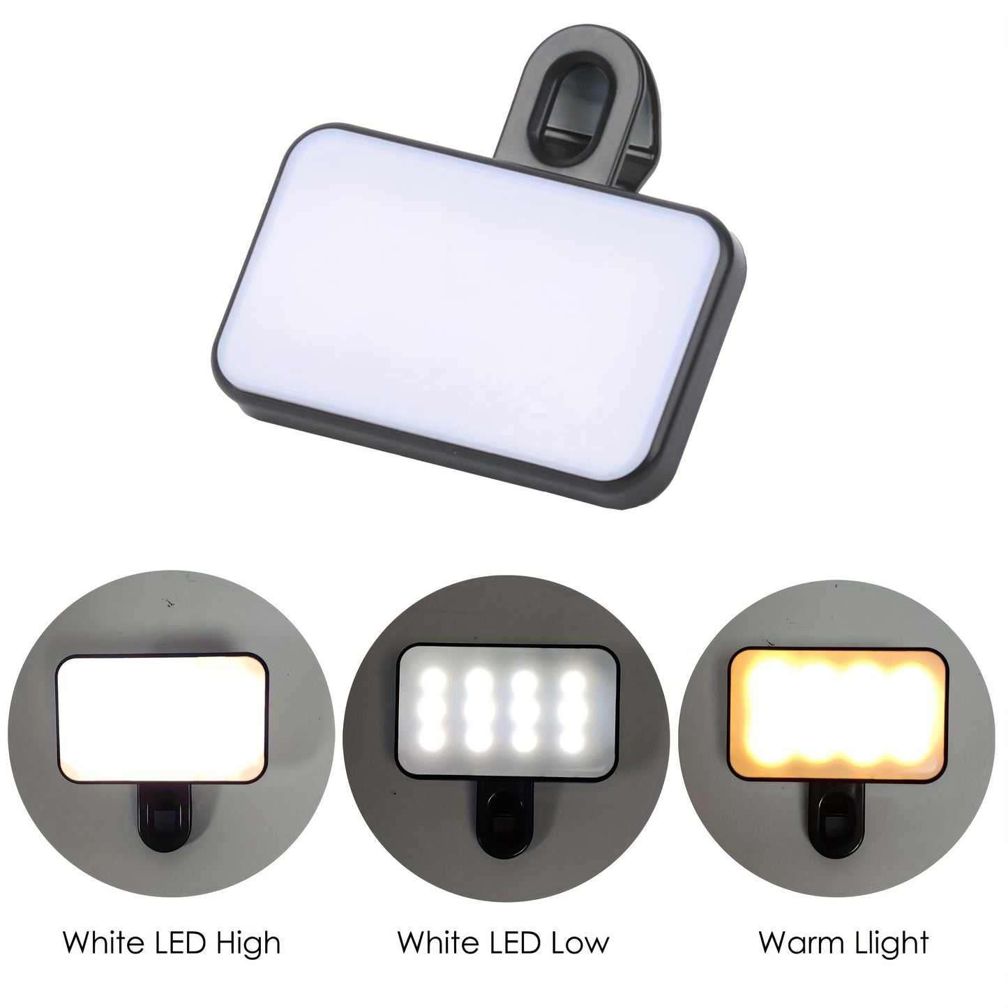 Rechargeable Mini Selfie Fill Light 3 Modes Adjustable Brightness ClipOn for Smartphones Laptops