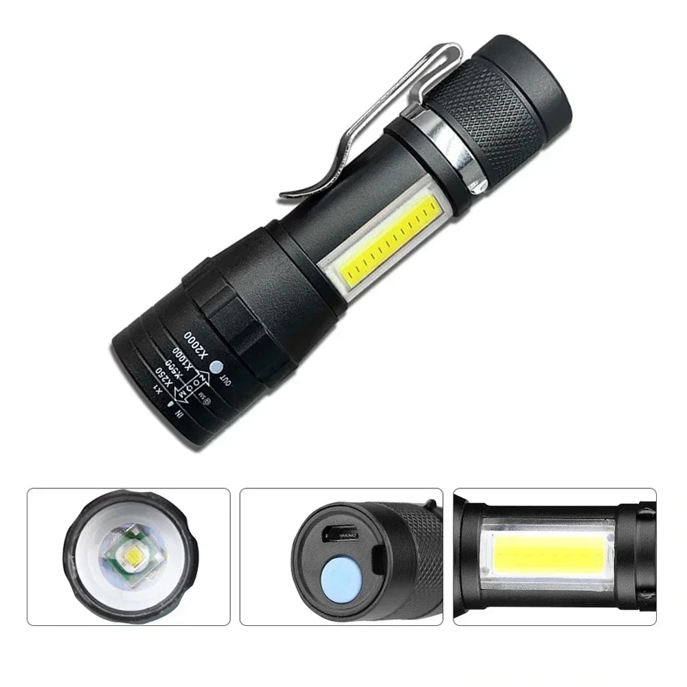 Mini Portable Zoomable Flashlight, USB Rechargeable Small Torch for Outdoor Camping, Fishing & Emergency Use