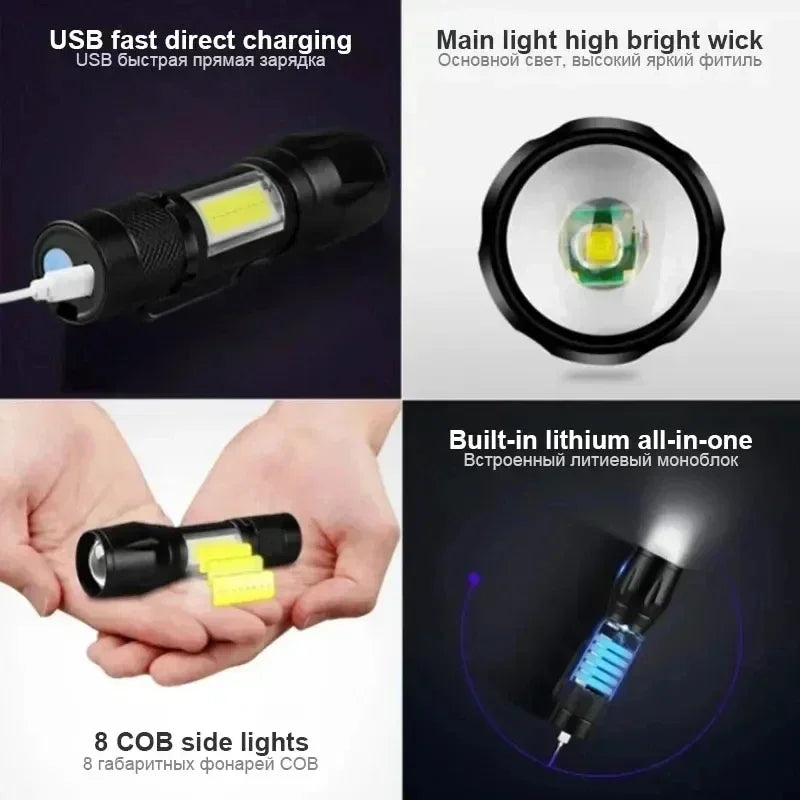 Mini Portable Zoomable Flashlight USB Rechargeable Small Torch for Outdoor Camping Fishing  Emerg