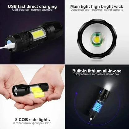 Mini Portable Zoomable Flashlight USB Rechargeable Small Torch for Outdoor Camping Fishing  Emerg