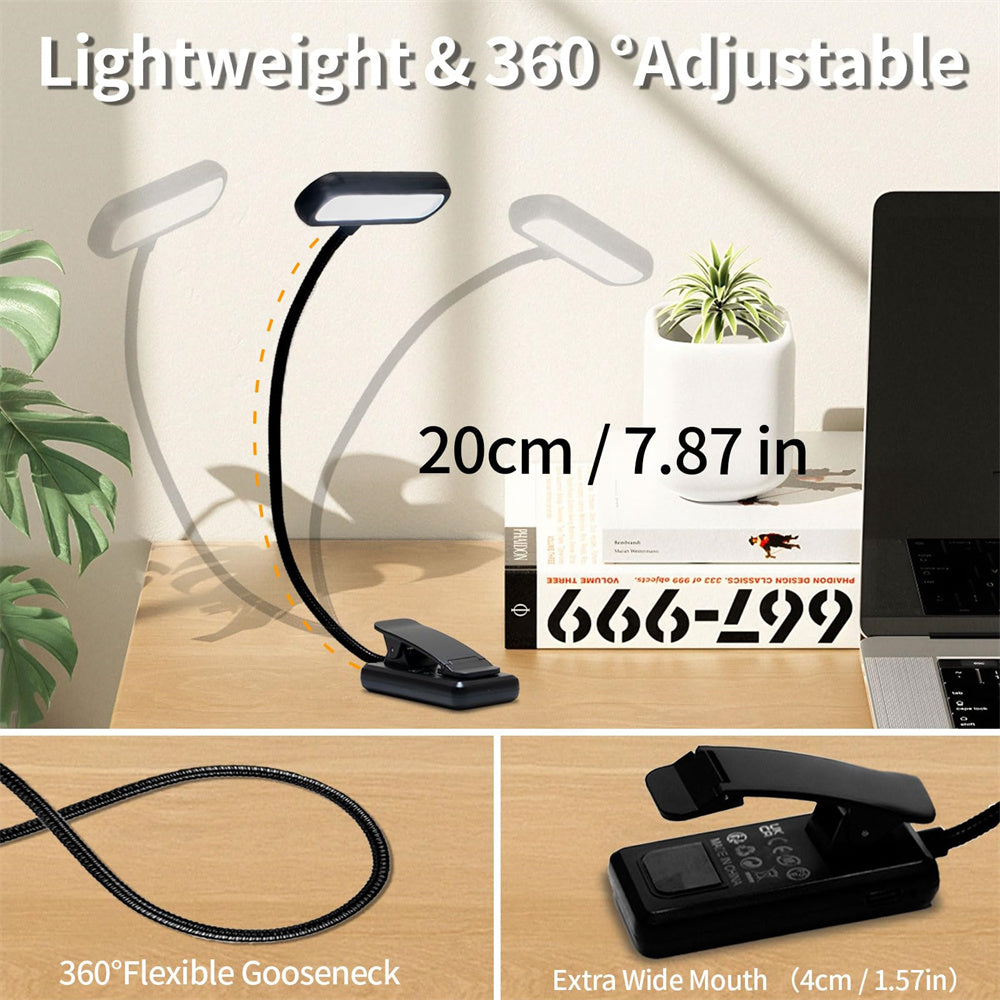 Lightweight USB Rechargeable Book Light 3 Color Modes ClipOn Reading Lamp for Bedtime  Travel