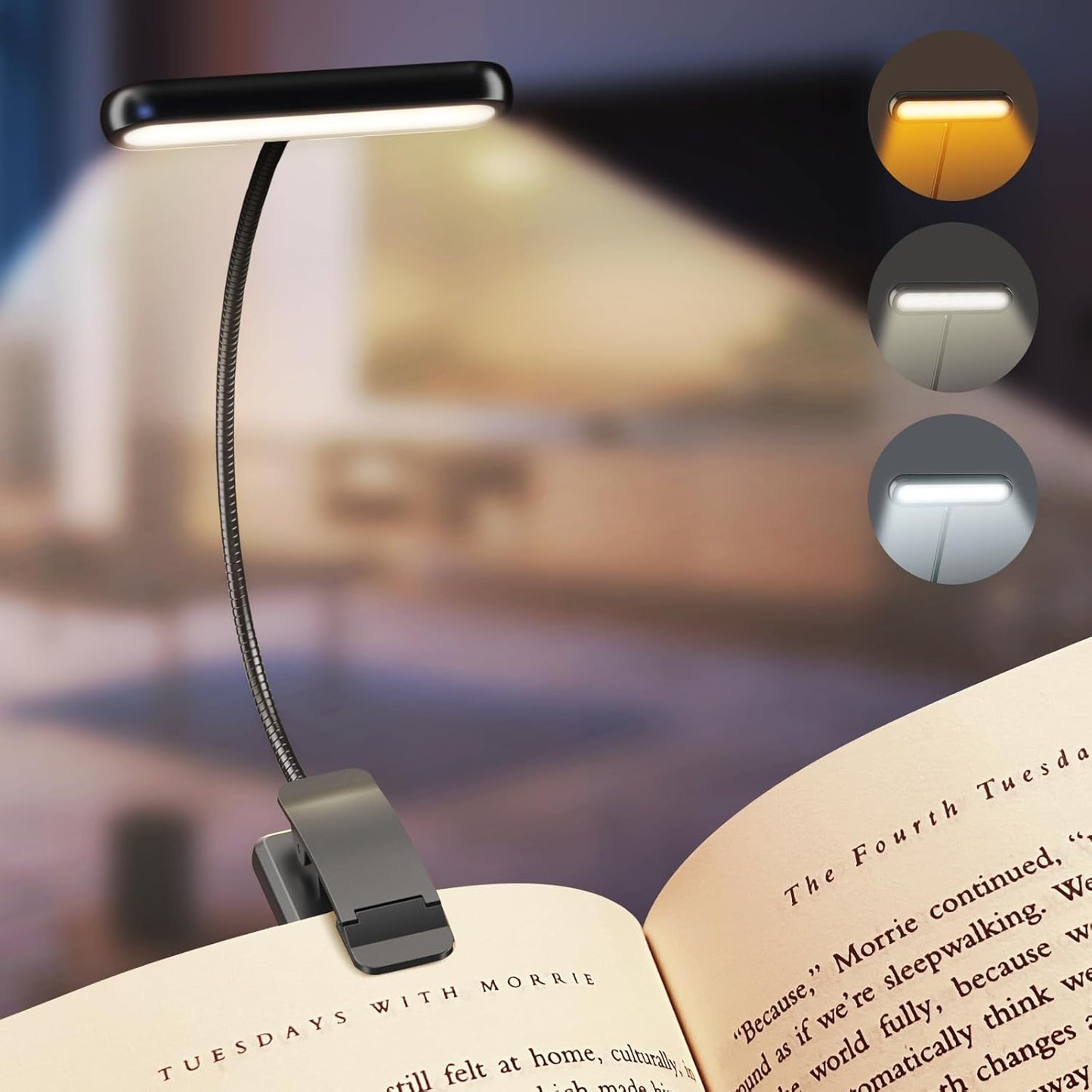 Lightweight USB Rechargeable Book Light, 3 Color Modes Clip-On Reading Lamp for Bedtime & Travel