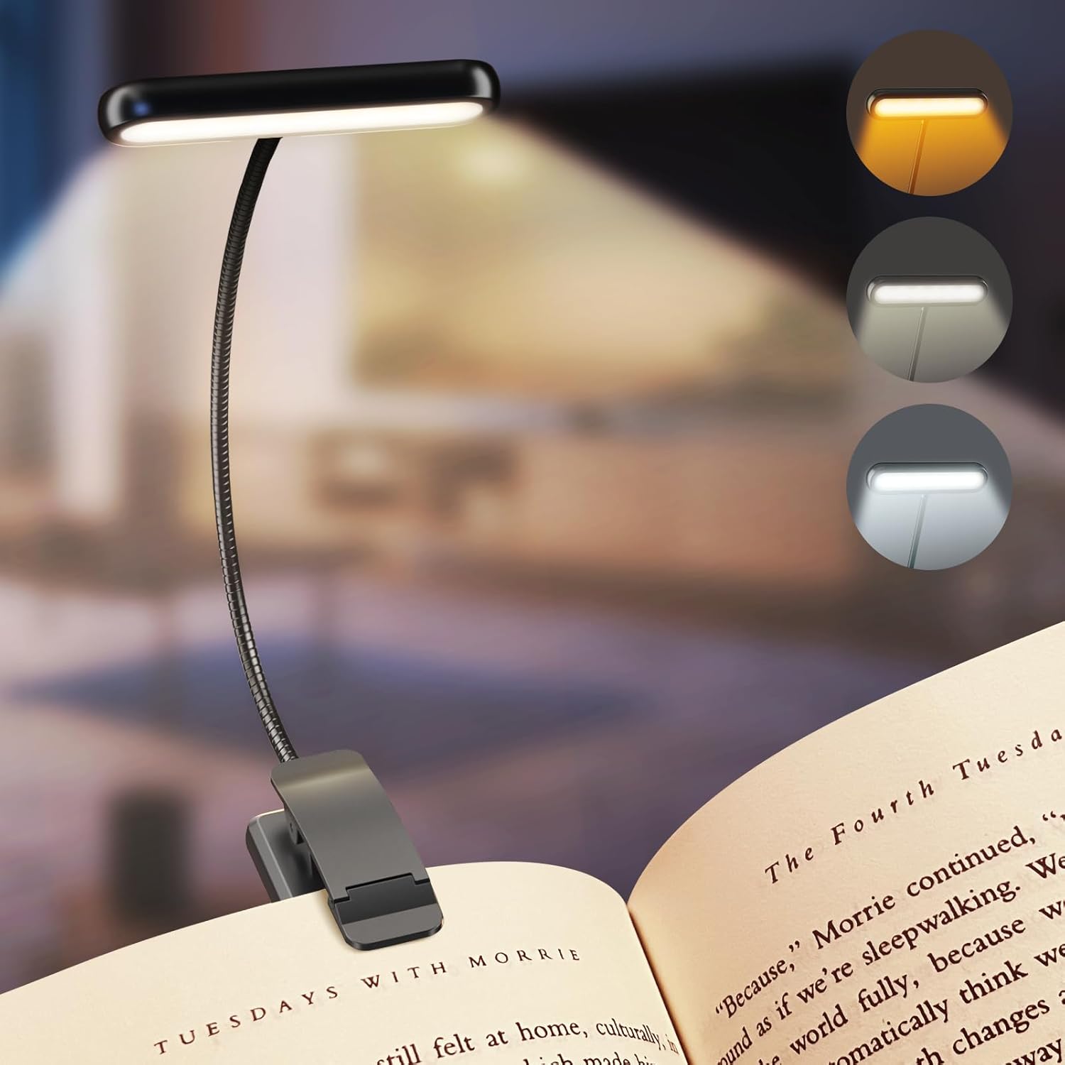 Lightweight USB Rechargeable Book Light, 3 Color Modes Clip-On Reading Lamp for Bedtime & Travel