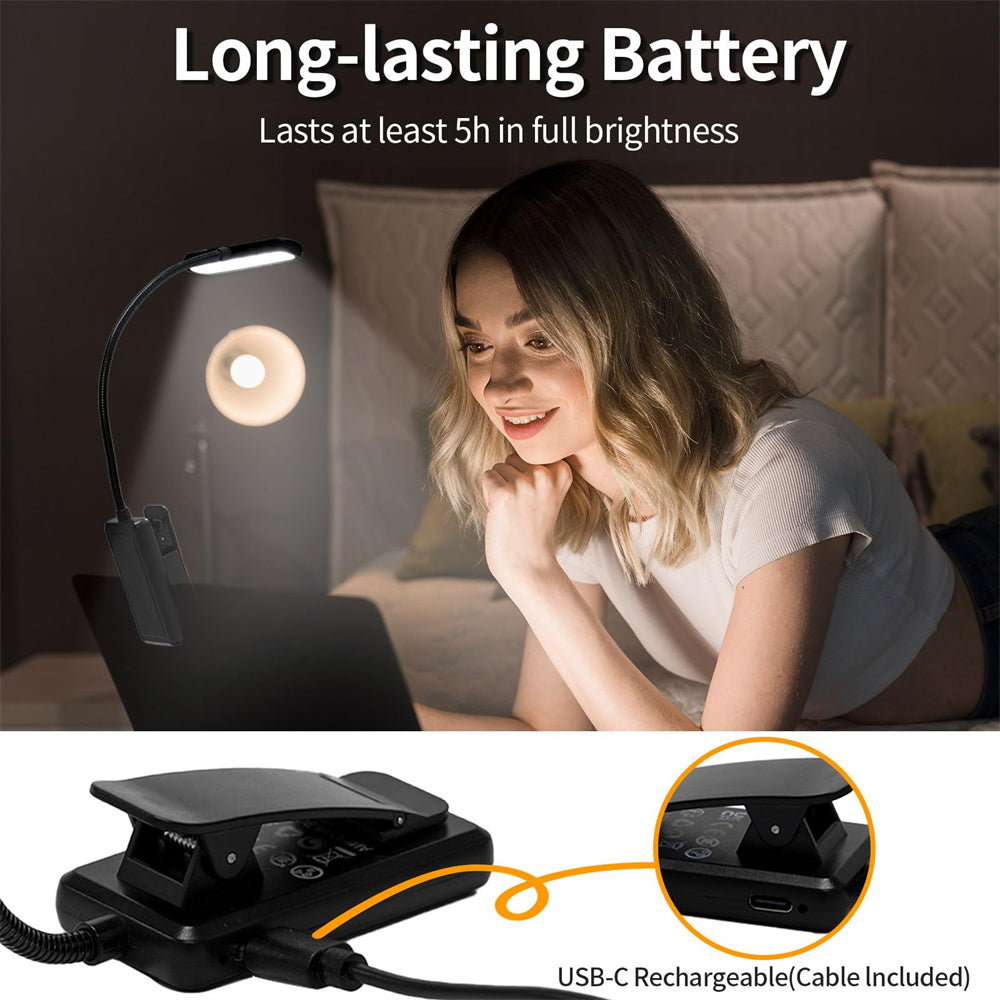 Lightweight USB Rechargeable Book Light 3 Color Modes ClipOn Reading Lamp for Bedtime  Travel