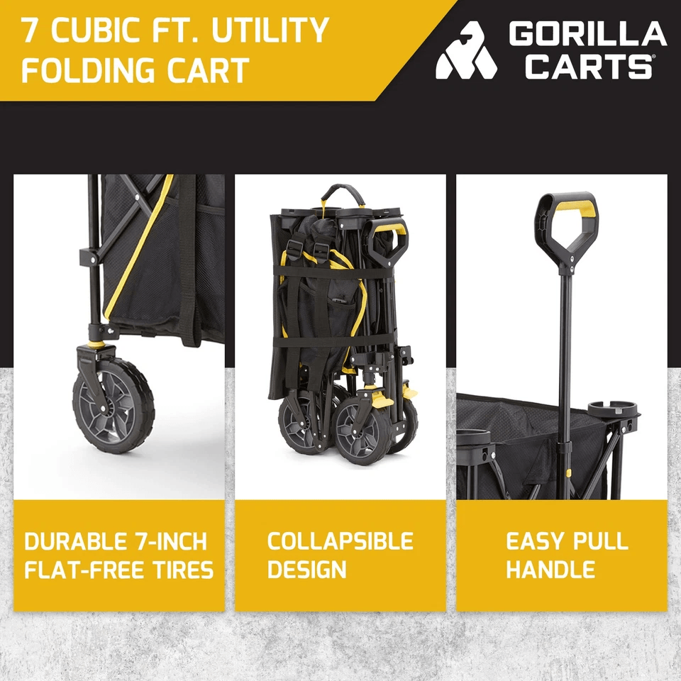 Gorilla Carts 7 Cu Ft Collapsible Outdoor Utility Wagon Oversize Bed Black  HeavyDuty Folding Garde 1