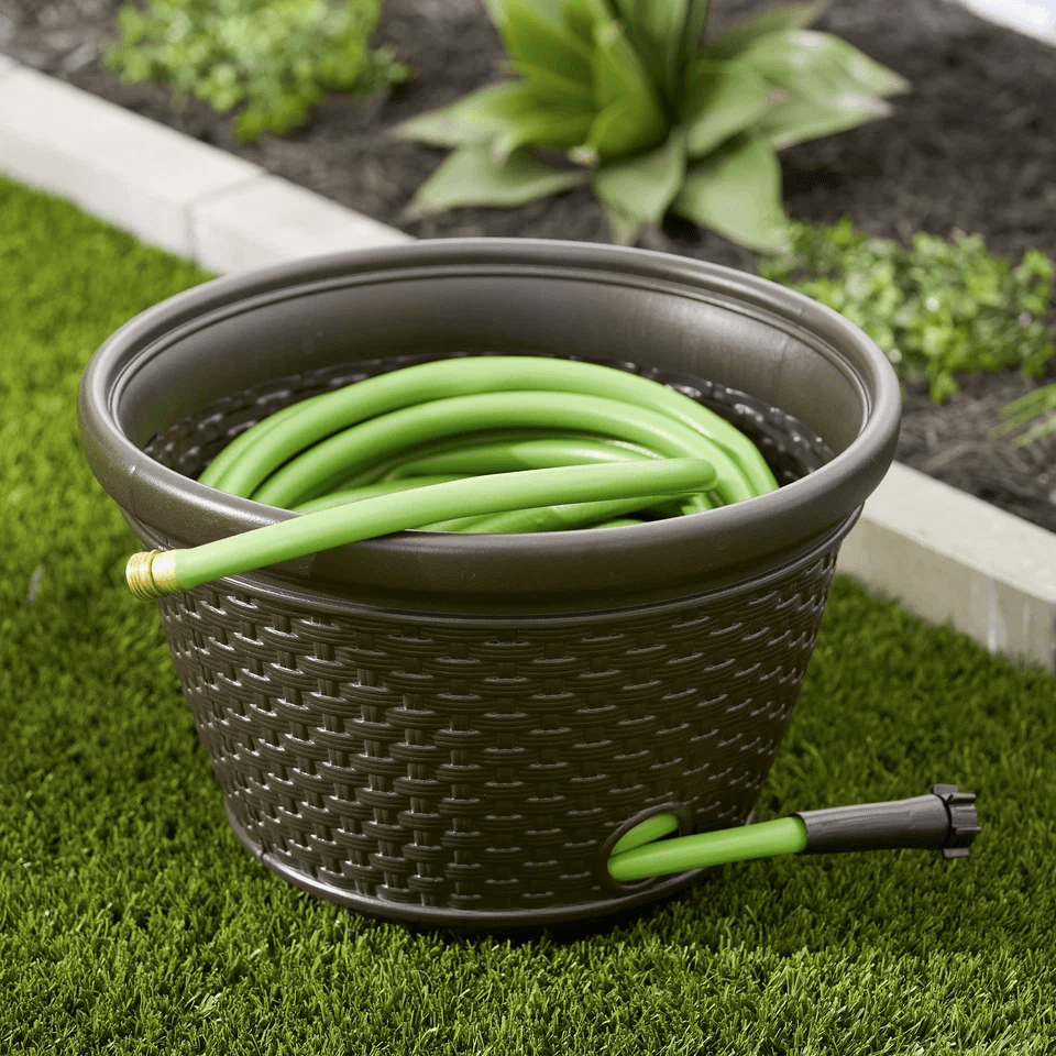 Suncast Resin Wicker Garden Water Hose Caddy Storage Holder Pot Java Outdoor Decorative Hose Organi 1